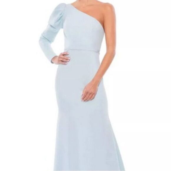 Mac Duggal 70149 One Shoulder Long Sleeve Jersey formal Gown 2  Blue NWT $398 - Picture 3 of 6